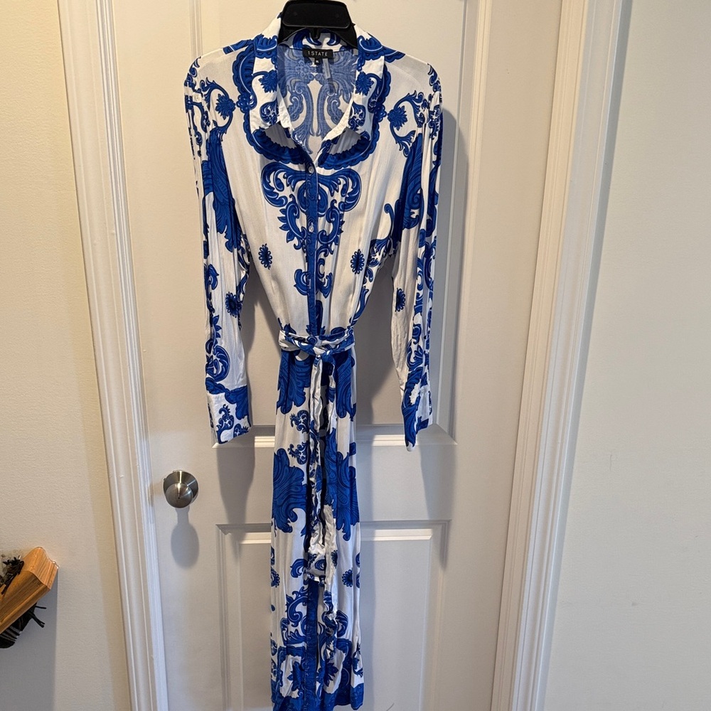 1. State Blue and White Printed Maxi Wrap Dress